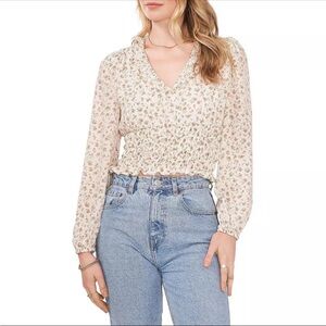 1 State Floral Smocked Ink and Cream Top Blouse Size Medium